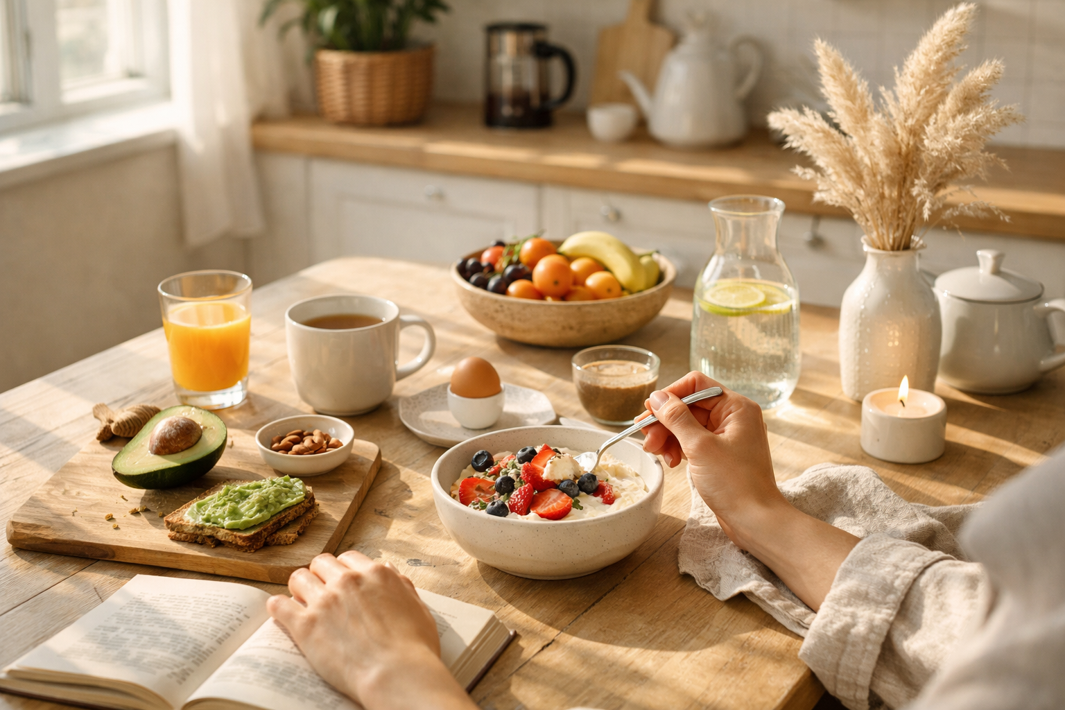 Calm morning routine with natural breakfast setting, person enjoying healthy meal in peaceful sunlit kitchen, minimalist wellness aesthetic
