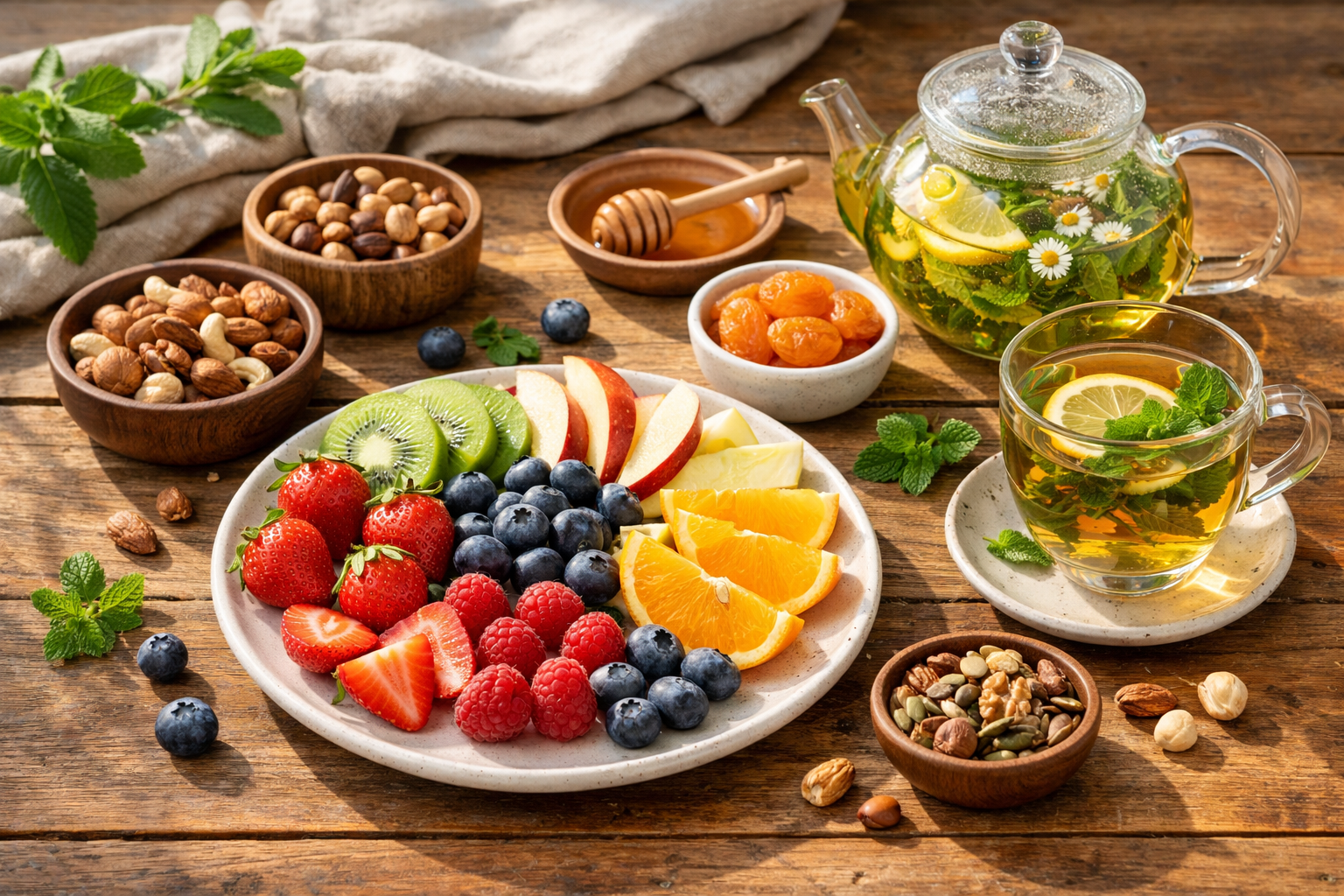 Healthy afternoon snack with nuts, fresh fruits and herbal tea on wooden table, natural light wellness scene